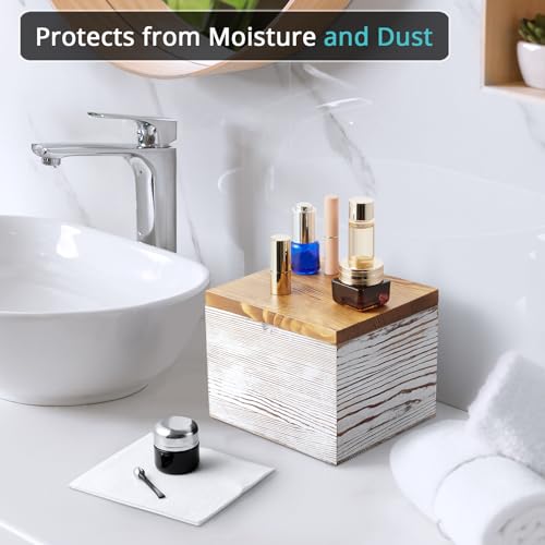 White Washed Wood Face Towel Holder with Lid - Dispenser for Vanity & Bathroom