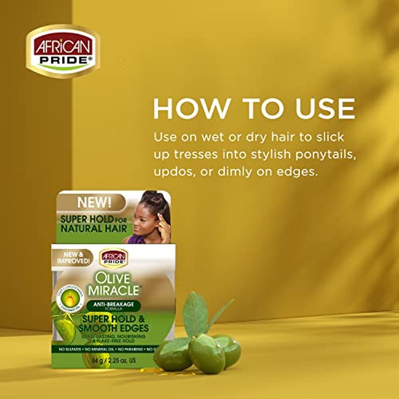 African Pride Olive Miracle, Silky Smooth Edges (3 Pack), Contains Olive and Coconut oil to reduce breakage and seal in moisture, 2.25oz