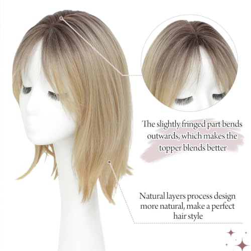 12 Inch Blonde Hair Topper for Women with Dark Roots - Large Base Wiglet for Thinning Hair