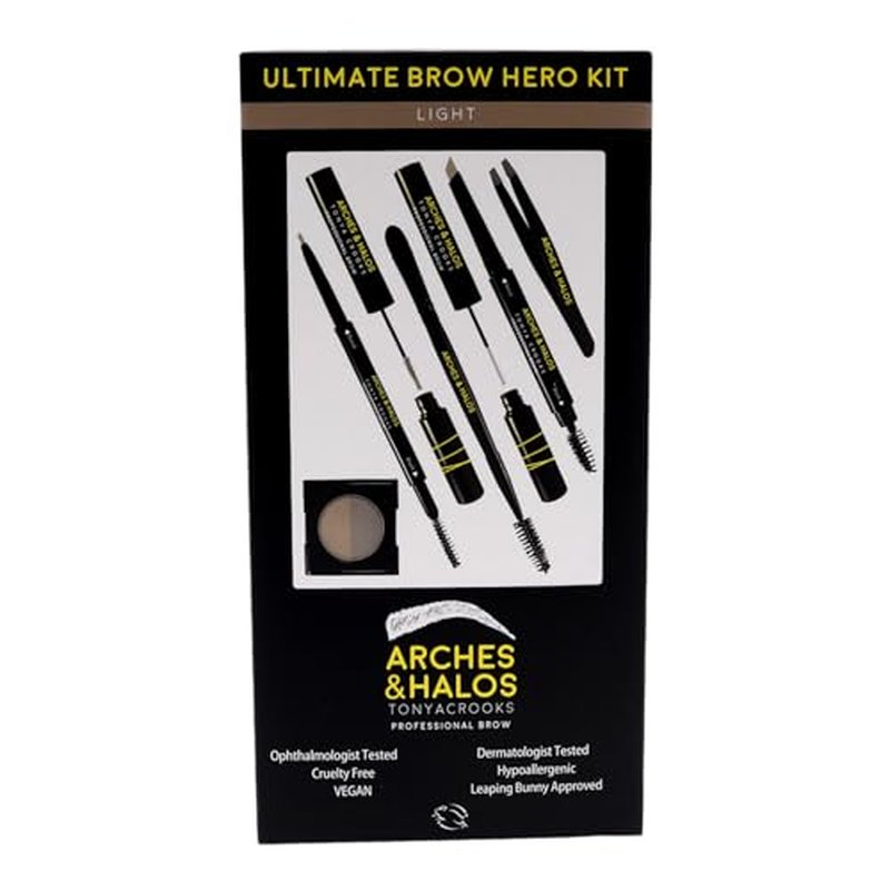 Arches and Halos Ultimate Brow Hero Kit - Pencil, Powder, Spoolie, Brush, and Tweezer Kit for Perfect Eyebrows - Includes Five Essential Eyebrow Care Tools - Professional Grade Design - Light - 1 pc