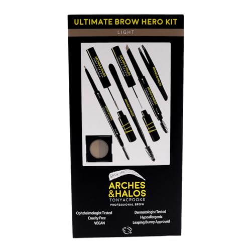 Arches and Halos Ultimate Brow Hero Kit - Pencil, Powder, Spoolie, Brush, and Tweezer Kit for Perfect Eyebrows - Includes Five Essential Eyebrow Care Tools - Professional Grade Design - Light - 1 pc