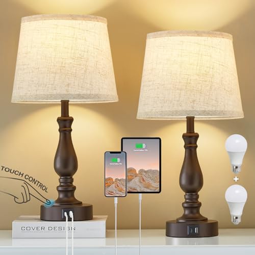 EJIAXIN Set of 2 Beige Fabric Dimmable Touch Bedside Table Lamps with USB-C + A Ports