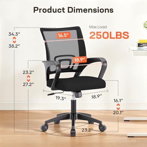 Ergonomic Office Chair Pack of 2 - Mid-Back Swivel Desk Chairs with Breathable Mesh & Lumbar Support - Dark Black
