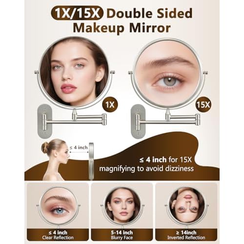 DECLUTTR 9 Inch Wall Mounted Makeup Mirror, 15X Magnification Double Sided Swivel Extendable Bathroom Mirror