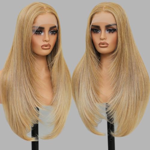 Ombre Blonde Synthetic Lace Front Wig 26in Pre Plucked Layered Straight for Women