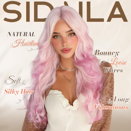 Ombre Pink Synthetic Lace Front Wavy Wig 20 Inch Long Hair for Women - Natural Look, Heat Resistant Fiber, Daily & Party Wear