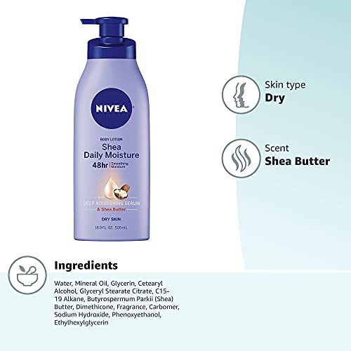 NIVEA Shea Nourish Body Lotion for Dry Skin with Hyaluronic Acid, Shea Butter and Deep Nourishing Serum, 48-Hour Body Moisturizer, 16.9 Fl Oz Pump Bottle