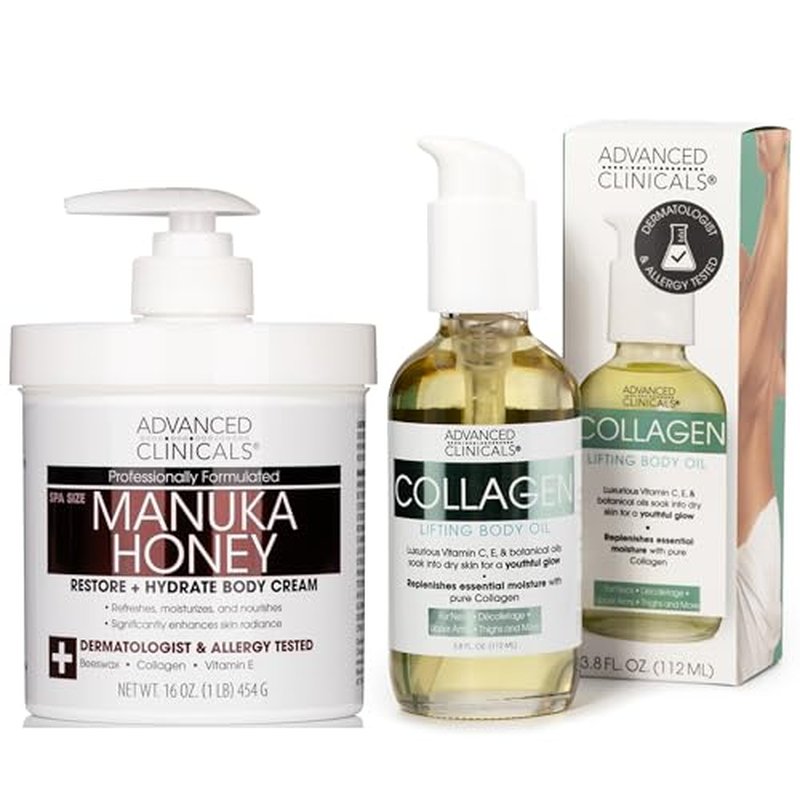 Advanced Clinicals Manuka Honey Hydrating Cream + Collagen Lifting Body Oil Set