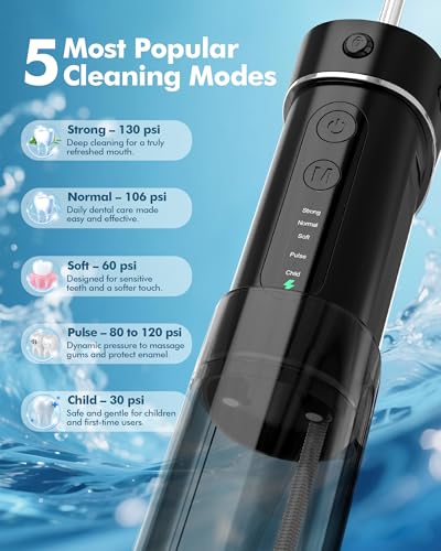 WAFLOO Portable Water Flosser for Braces Black - 5 Modes, Travel Cordless Oral Irrigator
