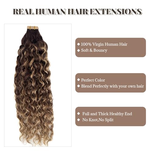 Water Wave Tape in Hair Extensions - Ombre Brown Honey Blonde Highlights, 14 Inch, 50g/Pack, 20pcs, Reusable Invisible Tape, Natural Remy Human Hair - Variation #4/27/4(WW)