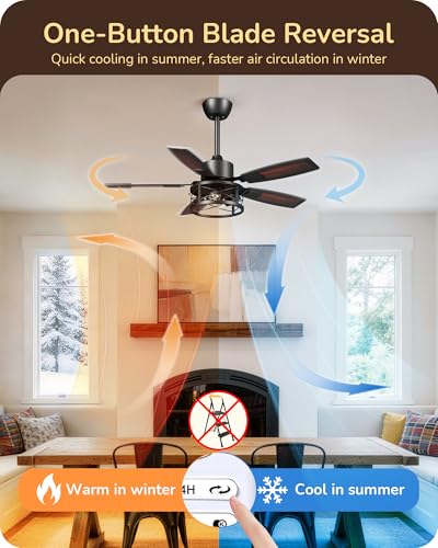 EDISHINE 42-inch Farmhouse Ceiling Fan with Light & Remote, Dimmable & Reversible, Red Gradient Black & Light Oka Variant