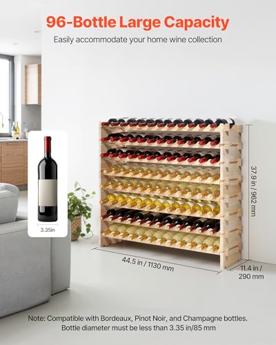 VEVOR Natural 8-Tier Stackable Modular Wine Rack for 96 Bottles, Freestanding Wood Storage