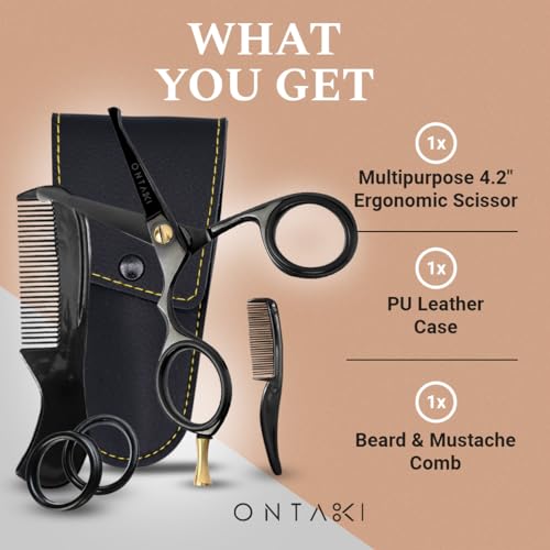 Ontaki Beard and Mustache Scissors For Men - 4.2-inch, Black, 420C Japanese Steel, Multipurpose Round Edges - Mens Grooming Scissors for Styling - Beard Trimming Kit for All Hair Types