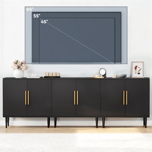 Black Storage Cabinet - Modern Buffet Sideboard with Shelves & Gold Handle