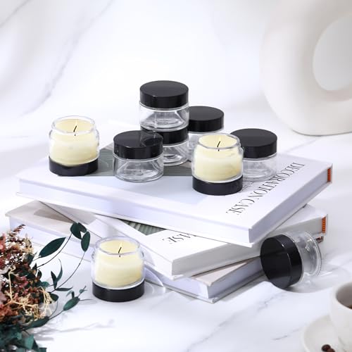 Domensi 100 Pcs 1 oz Glass Jars with Lids Bulk Round Glass Cosmetic Jars for DIY Lip Balm Small Travel Containers with Inner Liner for Lotions Powders Ointments Sample Cream(Clear, Black)