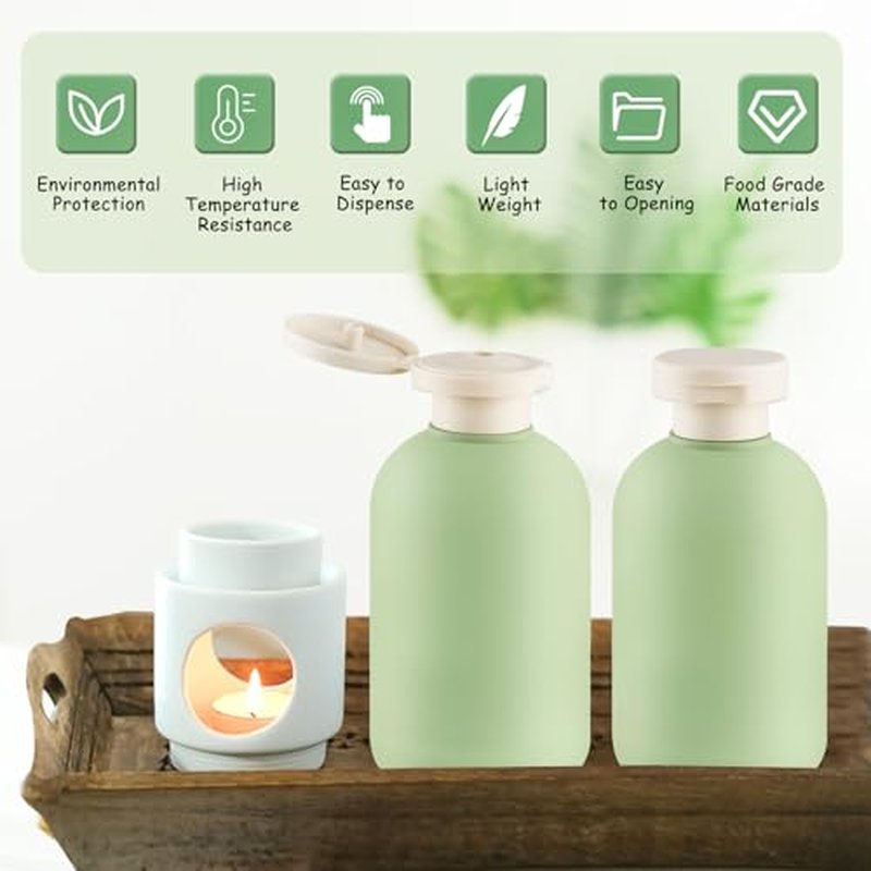 6 Pack 6.7 oz/200ml Plastic Travel Shampoo Bottle,Empty Refillable Squeeze Bottles with Flip Cap,Lotion Container for Cream,Toiletries,Conditioner-Free Silicone Funnel (Green)