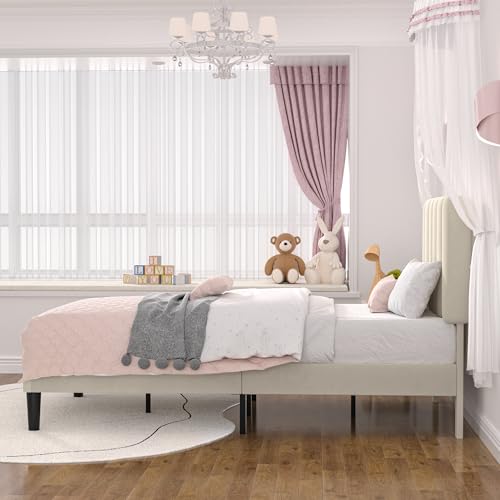 Twin Size Upholstered Bed Frame with Adjustable Headboard - Bone Beige