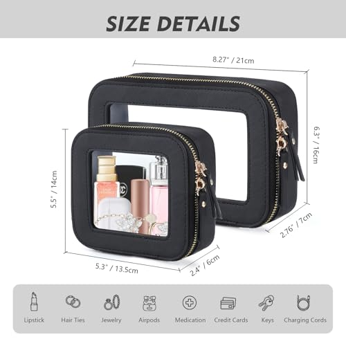 Clear Toiletry Bag and Mini Makeup Bag with Zipper Set is a Convenient, Waterproof Toiletry Bag for Travel and Essentials for Women on the Go(Black, M+MINI)