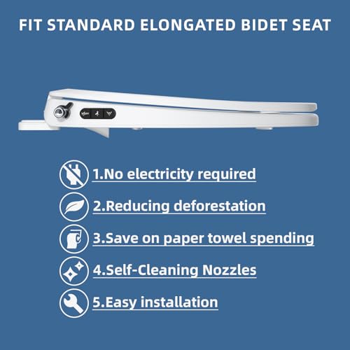 Elongated Bidet Toilet Seat with Soft Close, Button & Knob Control, White, Black Buttons Variation