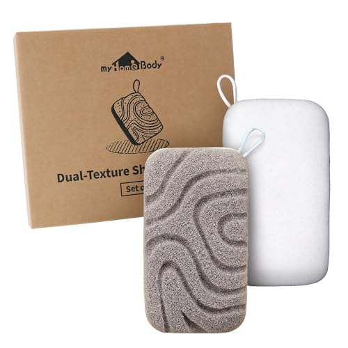 myHomeBody Dual-Texture Shower Sponge, Beauty Body Scrubber Exfoliator for Women, Exfoliating Loofah for Men, 2pc