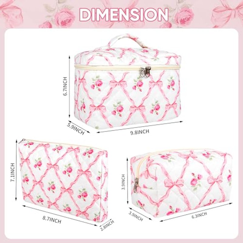 3Pcs Makeup Bag Set,Quilted makeup bag,Floral Cosmetic Bag for Women, Cute Cotton Cosmetic Bag, Wide-open Easy to Take, Flower Toiletry Organizer Bag