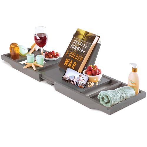 Wooden Bathtub Tray - Foldable and Expandable Bamboo Bath Tray for Tub with Wine Holder, Book & Tablet Stand - Bath Caddy Tray for Bathtub, Bath Accessories, Tub Tray Table, Gift Idea (Charcoal Grey)