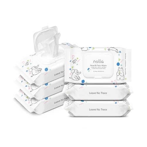 Nolla Nose and Face Wipes for Babies & Kids with Saline, Vitamin E, & Aloe | Unscented | Compostable, 180 Count (6 Packs of 30)