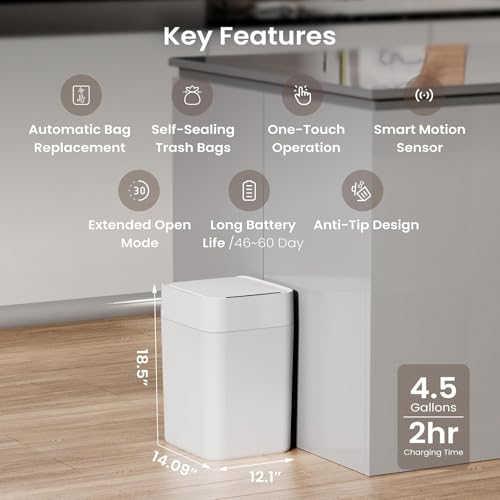 Automatic Touchless Trash Can 4.5 Gallon with Self-Sealing & Bag Refill Rings