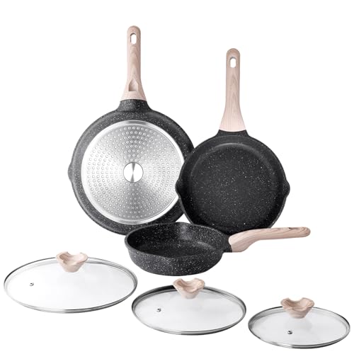 Classic Granite Nonstick Frying Pan Set with Lids - 8, 9.5, 11 Inch
