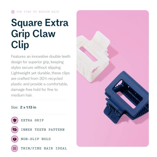 Gimme Beauty Square Extra Grip Claw Clip - Double Teeth Accessory Set - Perfect for Fine Hair - Lasting Hold for Everyday Wear - Trendy, Non-Slip Cilp Duo for Women - Navy & Pearlescent, 2 Pack