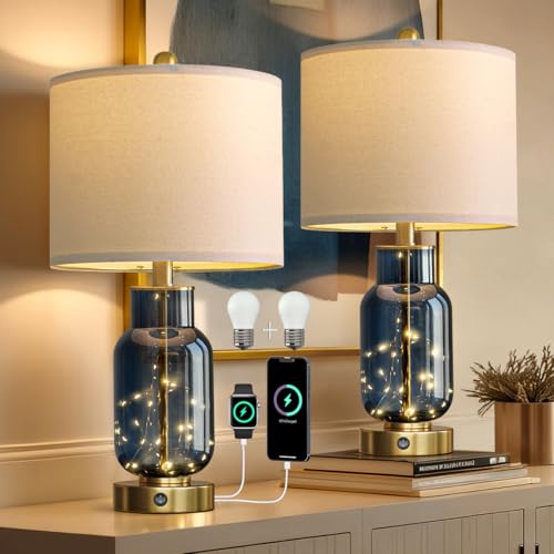 22-Inch Glass Table Lamps Set of 2 with LED Nightlight - Blue - Bedroom Decor