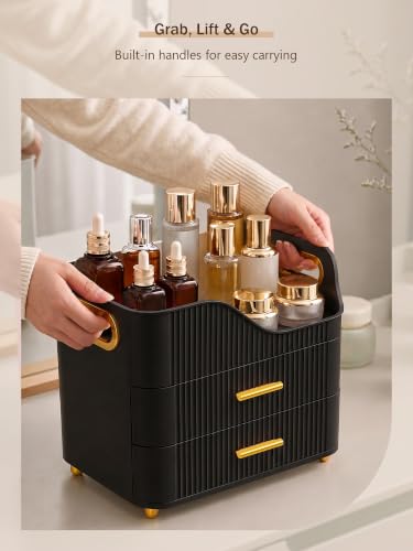 Booklov Large Makeup Organizer with 2 Drawers, Tall Bottle Storage - Black M01