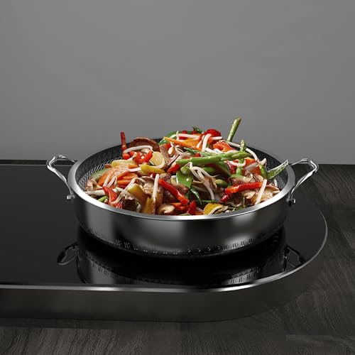 8QT Stainless Steel Nonstick Wok with Lid & Double Handles - Hex Design