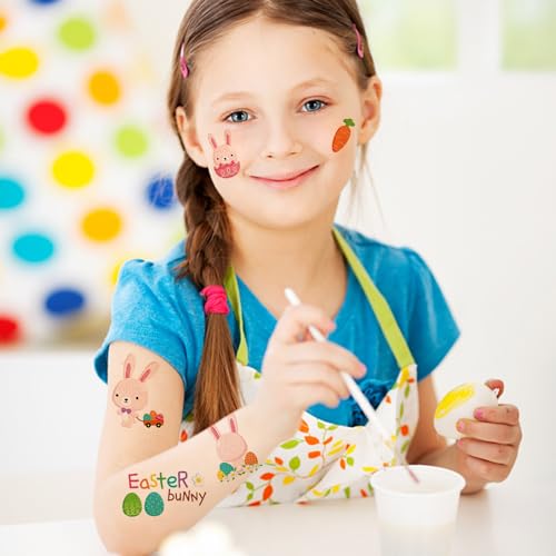 Glitter Easter Bunny Temporary Tattoos for Kids Easter Eggs Flower Decoration Stickers Happy Easter Basket Stuffers 12 Sheets, Children Rabbit Birthday Party Favors Class Rewards