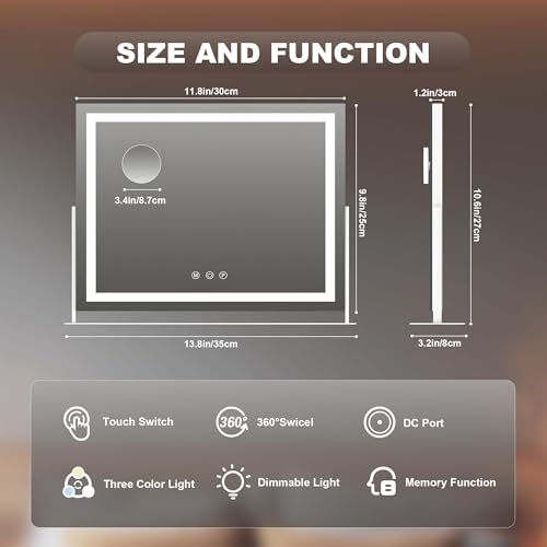 Hasipu Vanity Mirror with Lights, 13.8" x 10.6" LED Makeup Mirror, Light up Mirror with 10X Magnification, Smart Touch 3 Colors Dimmable, 360¡Æ Rotation (White)