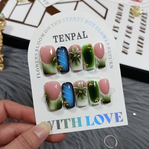 Glossy Handmade Press on Nails Medium Long Square - Icy French Green Blush 3D Floral Embossed Glossy False Nails for Women-Y2K Gradient Green Fake Nails for Winter Fall(L)
