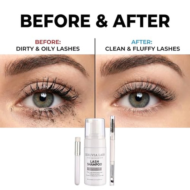 Eyelash Shampoo for Eyelash Extensions (3.4 fl oz / 100ml) - Sensitive Eyelid Foaming Cleanser - Oil-Free Lash Bath for Daily Aftercare - Includes Soft Brush & Mascara Wand