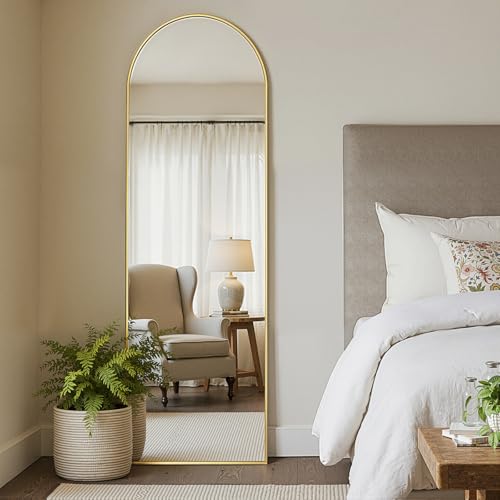 Full Length Arched Floor Mirror with Stand - 64x21 Inches, Gold Frame