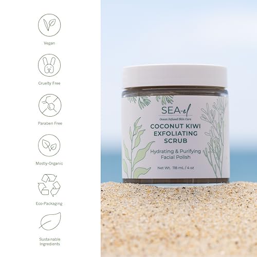 Sea-El Coconut Kiwi Exfoliating Face Scrub - Hydrating & Anti-Aging Facial Cleanser, 4 Oz