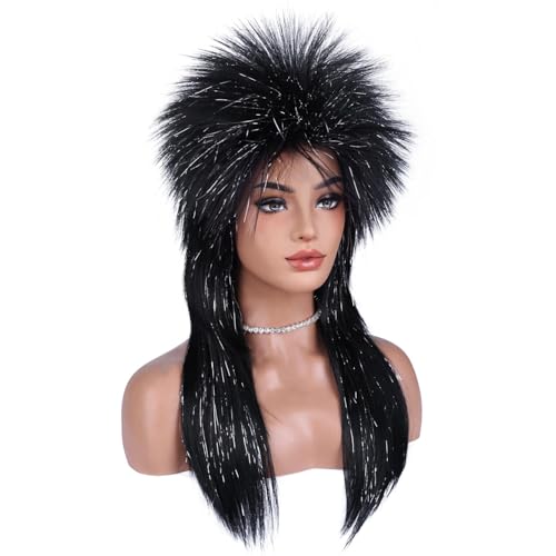 Rocking Wig for Women - Black Silver Punk Mullets with Adjustable Cap