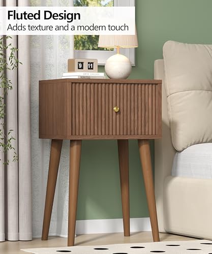 Small Walnut Nightstand Set of 2 with Fluted Drawers and Wood Legs