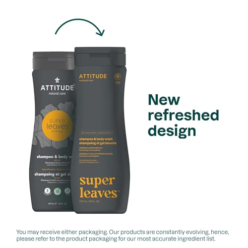ATTITUDE 2-in-1 Body Wash and Hair Shampoo, EWG Verified Shower Gel, Dermatologically Tested, Made with Naturally Derived Ingredients, Vegan Personal Care, Ginseng and Grapeseed Oil, 16 Fl Oz