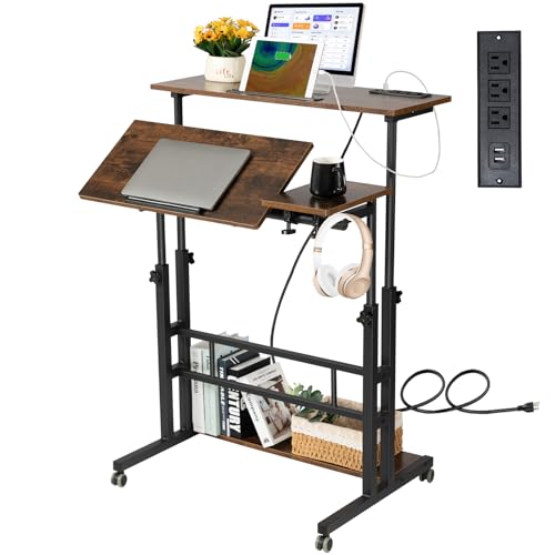 Hadulcet Adjustable Height Mobile Standing Desk with Charging Station - Rustic Brown, 31.5"