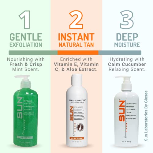 Sun Laboratories By Giesee Self Tanning Lotion, Tan Extender and Body Scrub - Very Dark Sunless Tanner for Natural Face & Body Self Tan - Gradual Self Tanning Lotion for Instant Sunless Glow