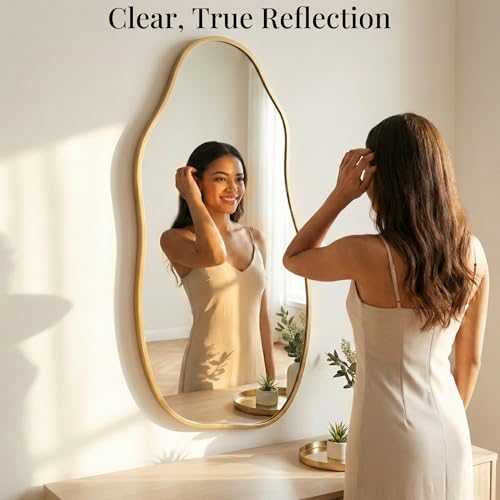 Matte Gold Irregular Organic Wall Mirror 36x20 Inch - Freeform Design