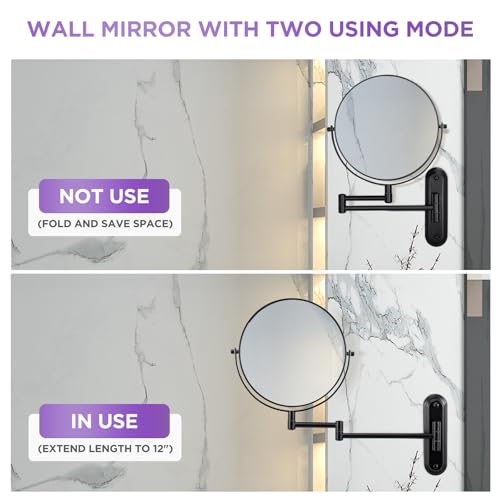 Black 15X Wall Mounted Makeup Mirror - 360° Swivel, Extendable Arm