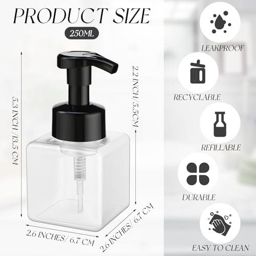Domensi 12 Pcs Foam Pump Bottle Foaming Soap Dispenser Empty Travel Foaming Dispenser 8.5 oz Refillable Hand Soap Plastic Pump Bottle Travel Essentials Clear Container for Bathroom Vanities (Black)