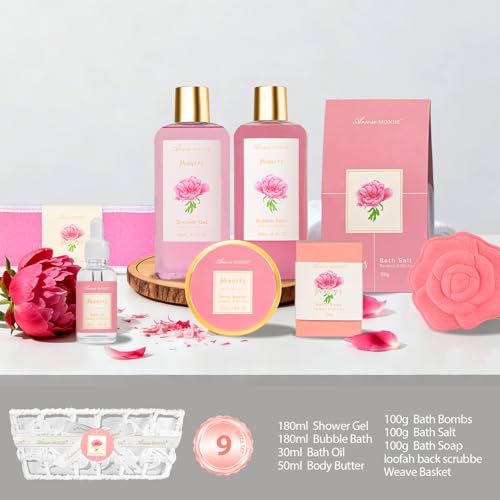 Peony Scent Bath Gift Basket for Women - 9pcs Spa Set with Body Care - Variation: Penoies