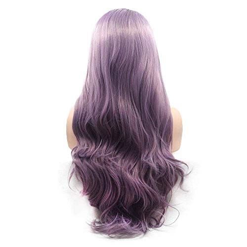 Ombre Purple Lace Front Wigs for Women 24 Inch Wavy Synthetic Hair with Brown Roots