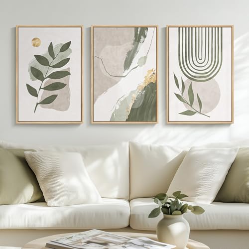 Large Framed Boho Sage Green Abstract Wall Art Set - 3 Pieces 16x24 Inches - Green Gold Variation